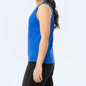 Camiseta sin mangas azul lisa para mujer, de algodón tejido, personalizada, informal, transpirable, ecológica, de secado rápido, con logotipo frontal en tela dobby - Product Image 6