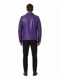 Men's <b>Purple</b> Leather Moto Jacket with Zipper Closure Canvas Stand Collar <b>Cow</b> Skin Slim Fit Biker Style Winter Wear Front Logo - Product Image 2