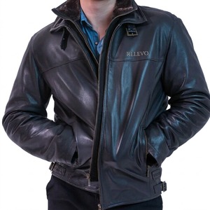 Chaqueta de Cuero Genuino para Hombre, Cuello Alto, Cierre de Cremallera, Forro de Piel Sintética, Estilo Motero para Invierno - Product Image 6