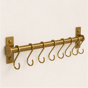 Handmade Solid Brass <b>Kitchen</b> Utensil Rail with S-<b>Hooks</b> Gold Wall Mounted Pot and Pan Hanging Rack Storage Bar for Cookware - Product Image 3