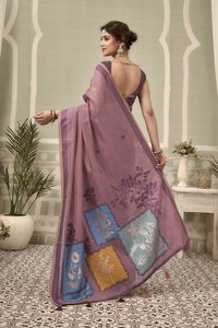 Sari de Algodón Morado para Mujer con Parches Florales, Ropa Casual Tradicional India, Largo hasta el Suelo, Corte Regular - Product Image 5