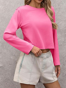 Camisetas Cortas de Manga Larga para Mujer, Estilo Casual, Cuello Redondo, Holgadas, a la Moda para Salir, Otoño 2026, OEM - Product Image 2