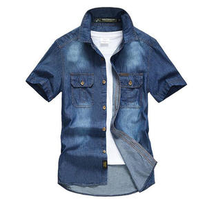 เสื้อเชิ้ตเดนิมสีน้ำเงิน ขายส่ง แขนสั้น ผ้าฝ้าย ติดกระดุม สไตล์ลำลอง เสื้อผ้าสตรีทแวร์สำหรับฤดูใบไม้ร่วง ทรงหลวม เสื้อเชิ้ตยีนส์ - Product Image 1