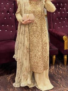 Conjunto de Salwar de Lujo en Color Dorado Champán, con Lentejuelas y Bordado Zari, Kurti Recto, Pantalones Anchos, para Bodas Pakistaníes de Invierno - Product Image 2
