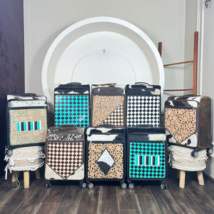 Valise de voyage à roulettes en cuir véritable fait main, motif à carreaux turquoise, en peau de vache, dernier design, pour affaires - Product Image 5