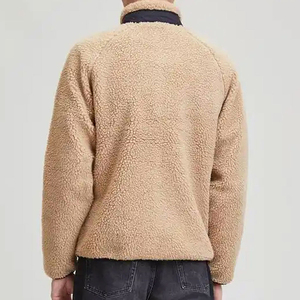 Men's Beige <b>Fleece</b> <b>Jacket</b> <b>with</b> Black Trim Stand Collar Zipper Closure Casual Breathable Windproof Winter Outerwear Cotton <b>Lining</b> - Product Image 4