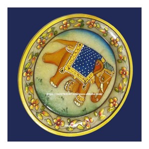 <b>Elephant</b> Theme White Marble Gold Painted Plate White Makrana Marble Plate for <b>Gifts</b> Historical Picture Marble Gold Painted Plate - Product Image 1