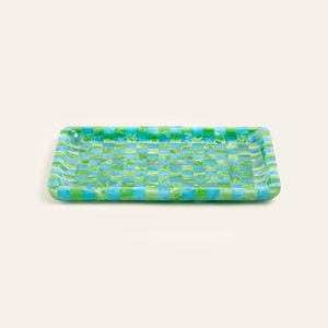 Handmade <b>Resin</b> Serving Tray Green Blue Checkered Pattern Home Decoration Craft Item hotel luxury serving tray <b>Resin</b> <b>crafts</b> decor - Product Image 1