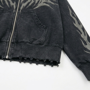 Sudadera con capucha negra lavada para hombre con cremallera, gráfico, estilo urbano oversize, dobladillo desgastado, fabricante de ropa personalizada - Product Image 4