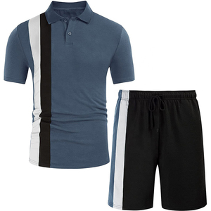 Ensemble deux pièces blanc et bleu marine pour hommes, polo à manches courtes et short avec rayures rouges, tenue d'été décontractée, respirante - Product Image 2