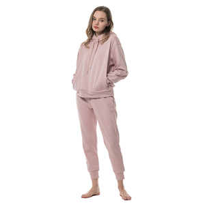 Ensemble de survêtement rose à capuche 2 pièces pour femme, coupe ample, manches longues, en molleton, couleur unie, longueur cheville - Product Image 4