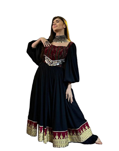 Traditional Afghan <b>White</b> Chiffon Kuchi Dress Featuring Black Velvet Bodice Intricate Gold Zari Hand Embroidery Full Floor Length - Product Image 1