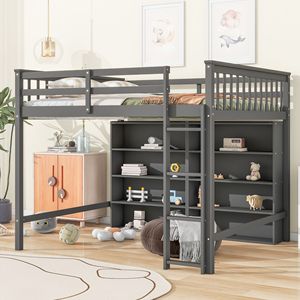 Letto a soppalco grigio a grandezza naturale con 8 ripiani aperti e scaletta integrata per bambini - Product Image 1