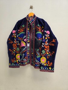 New Arrival Handcrafted Navy Blue Velvet <b>Jacket</b> with Vibrant Floral Suzani Embroidery and <b>Mandarin</b> <b>Collar</b> <b>Jacket</b> - Product Image 1