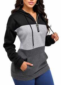 Sudadera con capucha y media cremallera, con bloques de color, de forro polar, casual, de corte regular, para otoño, talla grande para mujer, en negro, gris y azul. - Product Image 4