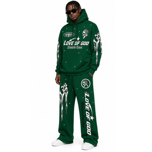 Conjunto de chándal de felpa francesa con lavado ácido y corte acampanado, sudadera con capucha y pantalones con estampado en relieve, estilo urbano, ajuste holgado, para otoño - Product Image 2