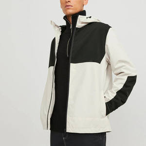 <b>Men's</b> Hooded Color Blocking Windproof <b>Jacket</b> Regular Fit Black <b>Cream</b> PU Coated Casual Style Zipper Closure - Product Image 4