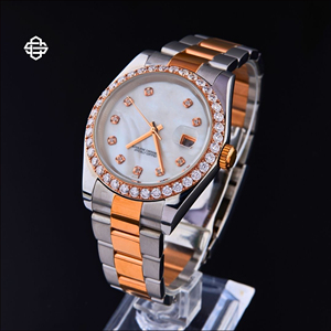 Montre de luxe pour homme en acier inoxydable bicolore, mouvement à quartz, lunette sertie de diamants Moissanite, affichage en verre cristal, cadran de 20 mm, mouvement ETA - Product Image 2