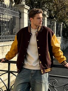 Veste universitaire unisexe orange d'hiver avec manches en cuir PU noir, col rond, double boutonnage, logo frontal, boutons, capuche, coupe-vent - Product Image 2