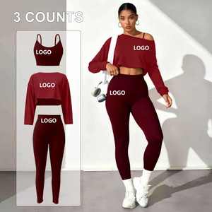 2 Piece Yoga Set Solid Color Scoop Neck Full Sleeve Crop Top High Waist <b>Leggings</b> Spandex/Nylon Breathable Plus Size Quick Front - Product Image 2
