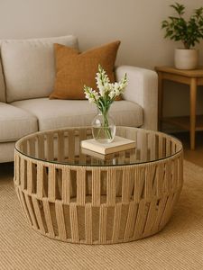 Modern Round Rope Coffee <b>Table</b> For Living Room Furniture With Tempered Glass Top And Metal Frame - Product Image 2