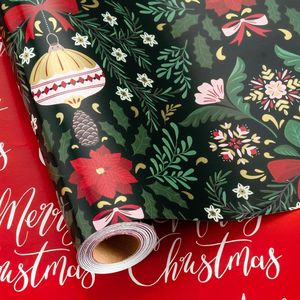 Rotolo di Carta da Regalo Verde Natalizia Reversibile con Lamina Metallizzata Lucida, Campanelle, Fiocchi, Pigne, Bacche e Design con Lettere Rosse - Forniture per le Feste - Product Image 2