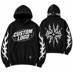 เสื้อฮู้ดดี้แฟชั่นสตรีทแวร์ทรงโอเวอร์ไซส์ผ้าฝ้ายเฟรนช์เทอร์รี่พิมพ์ลายเปลวไฟสีดำสำหรับฤดูใบไม้ร่วง สไตล์ลำลอง หนานุ่ม พิมพ์ลายพัฟฟ์ - Product Image 2