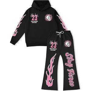 Ensemble de survêtement Y2K pour hommes, rose, avec imprimé flamme, sweat à capuche et pantalon évasé, streetwear, impression en relief, logo personnalisé - Product Image 1