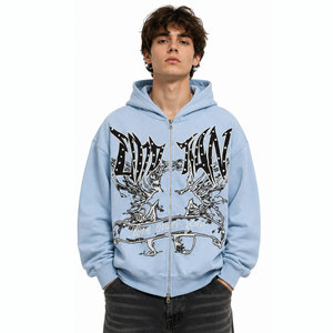 Light <b>Blue</b> Hooded Zip-Up Sweatshirt <b>Men's</b> Oversized Casual Cotton Knitted Print Front Autumn Style Regular Sleeve - Product Image 5