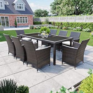 Ensemble de mobilier de salle à manger élégant pour patio, 8 places, avec chaises rembourrées et table en osier moderne, idéal pour les réceptions en plein air. - Product Image 4