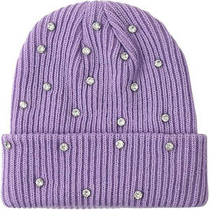 Bonnet d'hiver pour femme, chaud, en tricot, orné de strass, doux, à revers, style streetwear tendance - Product Image 5