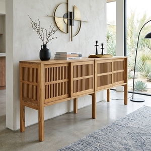 Modern Solid Wood Slatted <b>Sideboard</b> Cabinet Elegant <b>Storage</b> Furniture For Rustic Contemporary Living Room And Dining Room Decors - Product Image 2