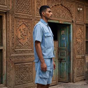 Ensemble assorti en denim épais pour homme, personnalisé OEM, style streetwear, chemise utilitaire à manches courtes et short cargo longueur genou, ensemble 2 pièces - Product Image 2