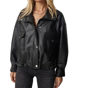 Unisex PU Leather Moto <b>Jacket</b> Stand Collar <b>Zipper</b> Closure <b>Pockets</b> Short Length Autumn Wear - Product Image 4