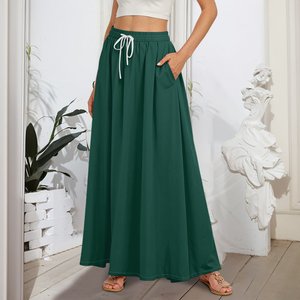 Women Green Solid Color High <b>Elastic</b> <b>Waist</b> A-Line Floor-Length <b>Skirt</b> <b>with</b> Drawstring Casual Wear All Seasons 100% Polyester - Product Image 3