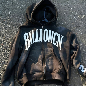 Sudadera con capucha y cremallera, pantalones deportivos acampanados, personalizables, con estampado de patchwork, bordado desgastado, transpirables y con lavado ácido. - Product Image 2