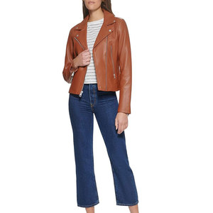 Chaqueta de motociclista de cuero genuino para mujer, color marrón claro, con cremallera, cuello vuelto, manga larga - Product Image 3