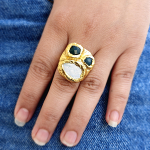 Exclusive design natural mother of pearl labradorite green onyx <b>adjustable</b> <b>ring</b> solid brass 18k gold plated bold fashion <b>rings</b> - Product Image 6