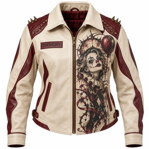 Cream Maroon Leather Jacket <b>Women</b> Spiked Studded Printed Clown Biker Outerwear Custom Made OEM ODM Offer Service Provider - Product Image 1