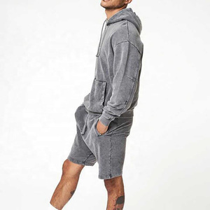 Chándal de invierno transpirable de color liso con efecto acid wash para hombre, talla grande, con capucha y forro polar. - Product Image 3