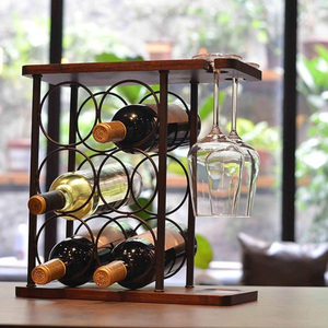 Modern Wood & Black Metal Countertop Wine <b>Rack</b> Freestanding 6 Bottle Holder Tabletop Wine Storage Display For Kitchen <b>Bar</b> Decor - Product Image 2