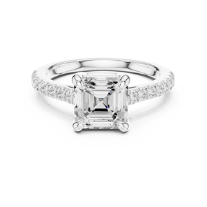 Anillo de diamantes con corte Asscher exclusivo, hecho a pedido, certificado por GRA, elegante anillo con banda pavé hecho a mano, disponible en oro blanco de 14k. - Product Image 1