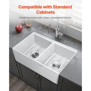 Lavello da cucina a doppia vasca in argilla refrattaria bianca 33x20 pollici, con frontale a grembiule, stile Farmhouse, installazione sottopiano, multiuso - Product Image 6