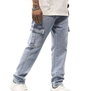 Jeans de Mezclilla Cargo Azul Claro para Hombre, Corte Regular, Estilo Casual, Lavado a la Arena, para Primavera, OEM - Product Image 1