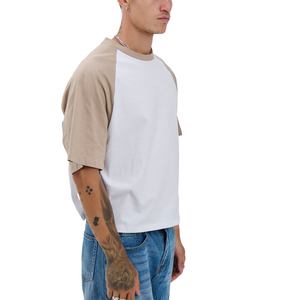 Men's Oversized <b>Raglan</b> <b>Sleeve</b> <b>T</b>-<b>Shirt</b> White Beige Contrast Color Blocked O-Neck Casual Jersey 100% Cotton Solid Design - Product Image 5