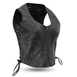 Gilet de moto en cuir véritable pour femme, style biker, fermeture avant à boutons-pression, franges, noir - Product Image 5