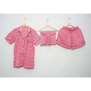 Ensemble de pyjama court pour femme 100 % coton indien doux, respirant et léger, idéal printemps/été, avec logo frontal, séchage rapide, personnalisable - Product Image 4