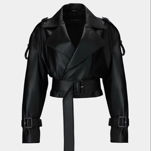Manteau trench court en similicuir de haute qualité pour femme, veste biker en PU à double boutonnage avec ceinture ajustable, vêtement d'extérieur streetwear - Product Image 1