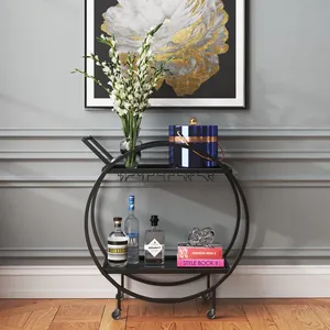 Minimalist Round Metal Bar Cart with Glass Shelves and Bottle <b>Rack</b> for Party Use - Product Image 4