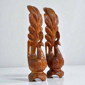 Wooden Pair of Peacock Statues Animal Statues with Carved & Undercut Design for Home Decor - Product Image 6